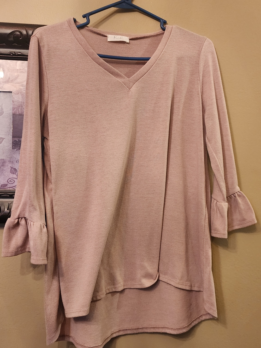 Riah Fashion Blush Pink Layered Tunic Blouse Women's Large Bell Sleeve Hi Low